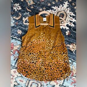 CAbi Mustard Dot-Print Sleeveless Button Front Top with Navy Trim